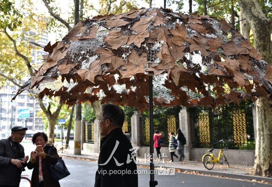 上海街头落叶艺术展吸引市民观赏