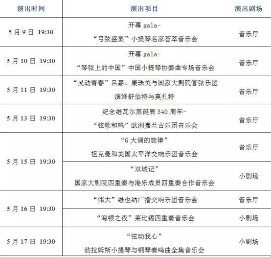 2018国家大剧院五月音乐节 "弓弦盛宴"小提琴名家荟萃音乐会 演出时间