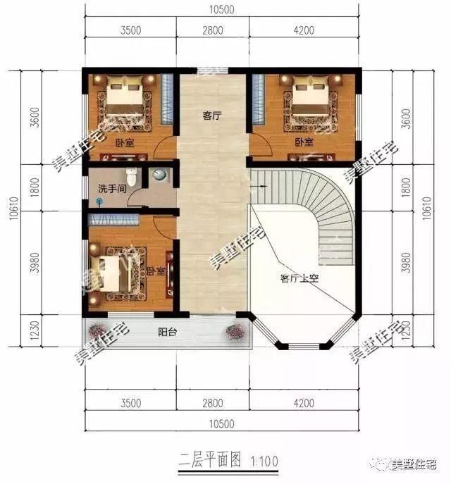 二层平面图:设有客厅,3卧室,卫生间,中空客厅,阳台