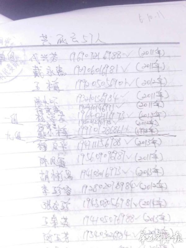 熊小梅在当地派出所找到有自己名字的"死亡花名册",左上角并盖有村委