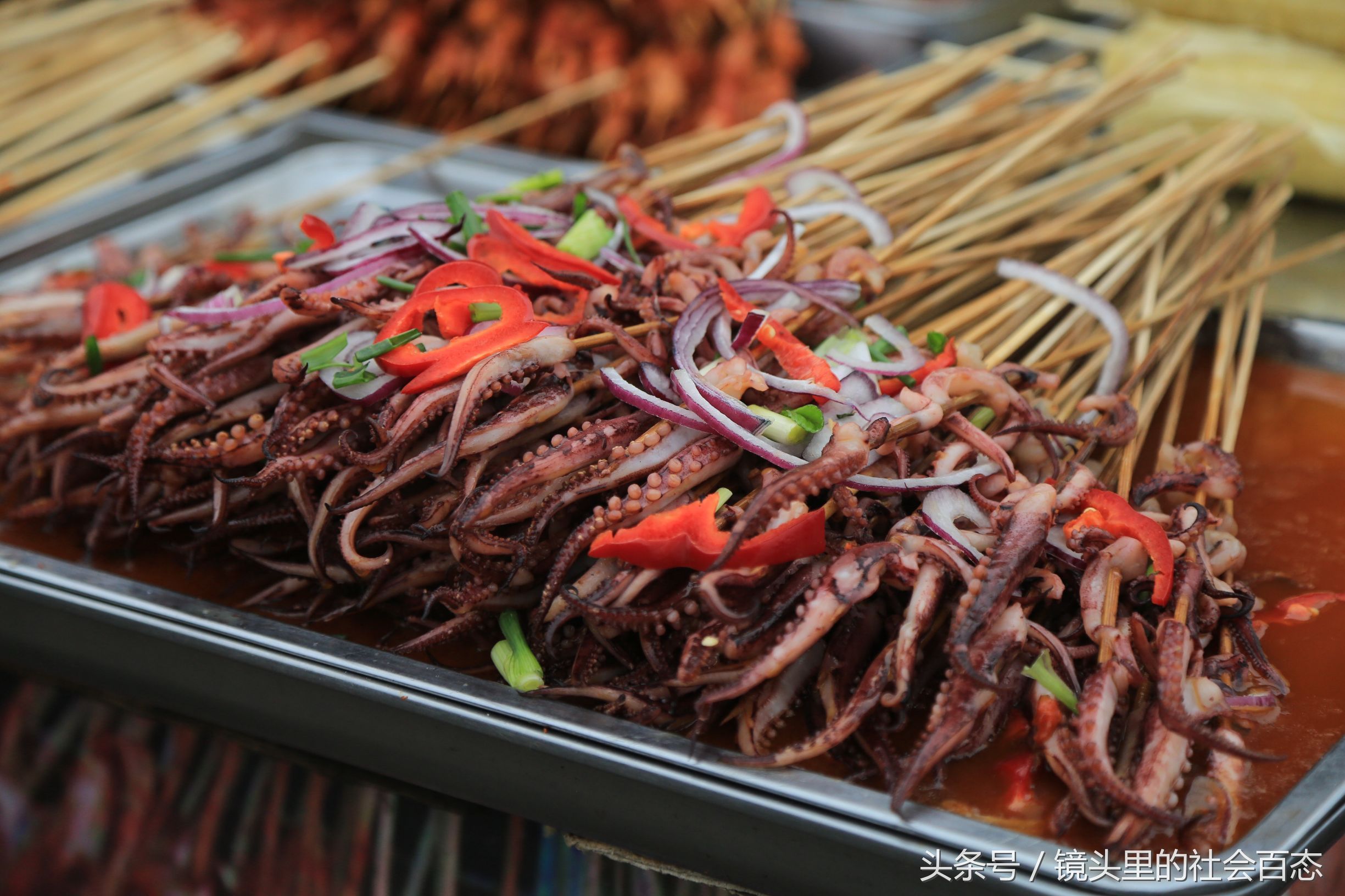 烤肉10元12串,烤鱿鱼10元4串,生意惨淡,反正我不敢吃