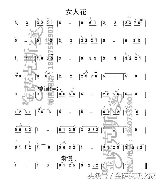 萨克斯《女人花》金萨克斯之家 专用五线谱 简谱(f调)