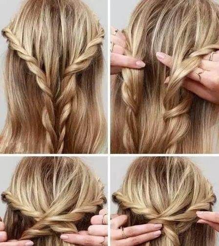 另一侧同样的编法,然后将一股发辫另一股中间穿过,用发夹在中部固定住