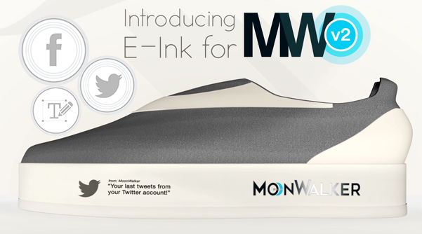当然，MoonWalker太空漫步鞋的亮点还远不止于此！近两年，电子墨水屏在穿戴设备上的活跃度也让该团队看到了这个市场。为此，他们还特地推出了一款进阶版MoonWalker V2，鞋面由电子墨水屏组成，通过手机APP，用户可根据自己的心情和穿衣风格来自定义鞋面上的图案和文字。它甚至还可以同步微信、微博等社交网站的状态信息哦。目前，MoonWalker太空漫步鞋正在indiegogo众筹，截止目前已经筹获12万美元，得到了一千多位用户的支持。产品分为常规款和进阶款，有灰白、绿黄、黑红和深蓝等四种选择，众筹将于2016年2月1日结束，预计2016年9月发货。
