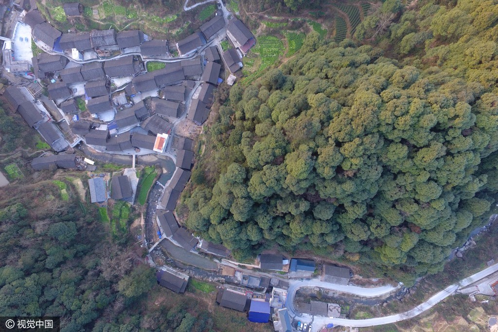 2017年3月1日,在湖南湘西自治州保靖葫芦镇,用无人机航拍的茶坪苗寨.