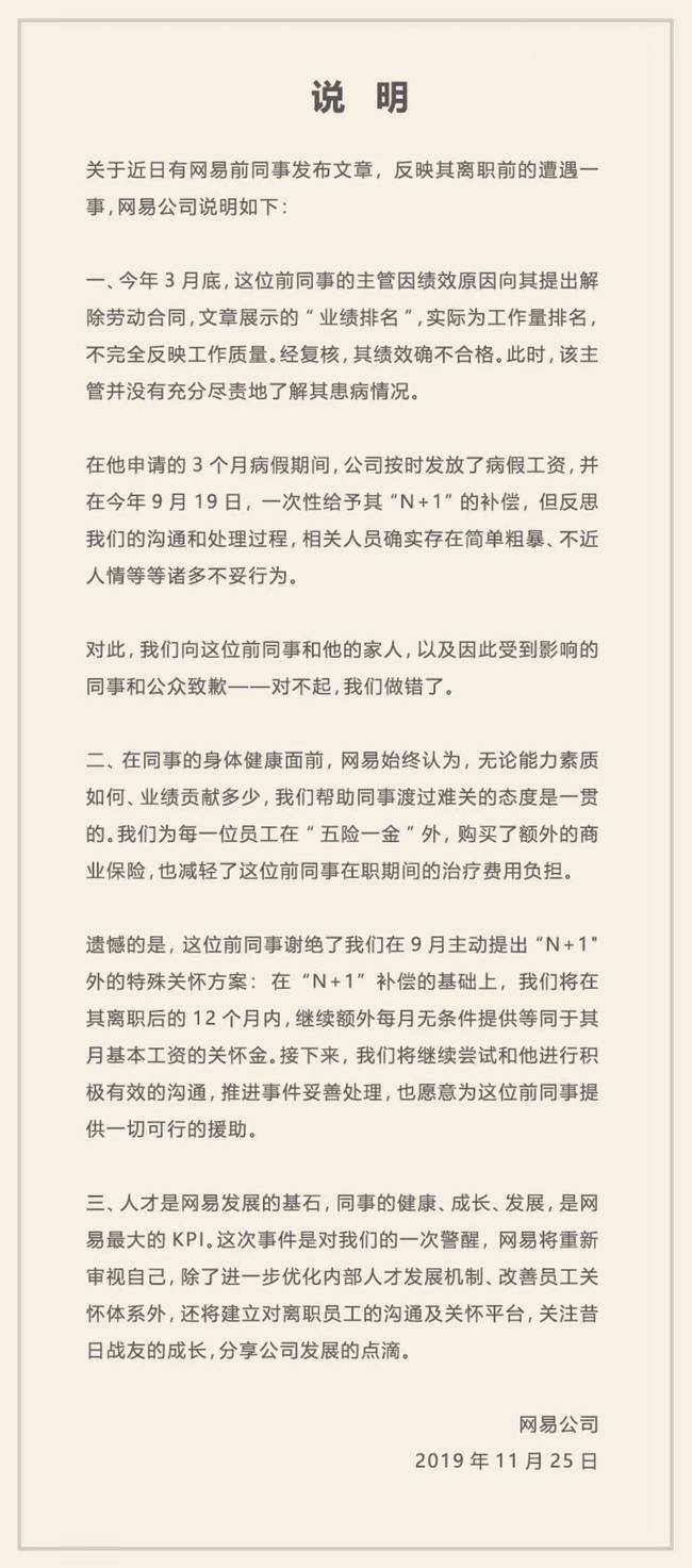 网易向被裁员工致歉:处理过程有不妥 将推进事件妥善解决(图1) 网易向被裁员工致歉:处理过程有不妥 将推进事件妥善解决(图1)