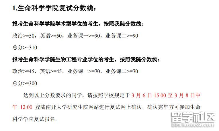 南开大学生命科学学院2018考研复试分数线