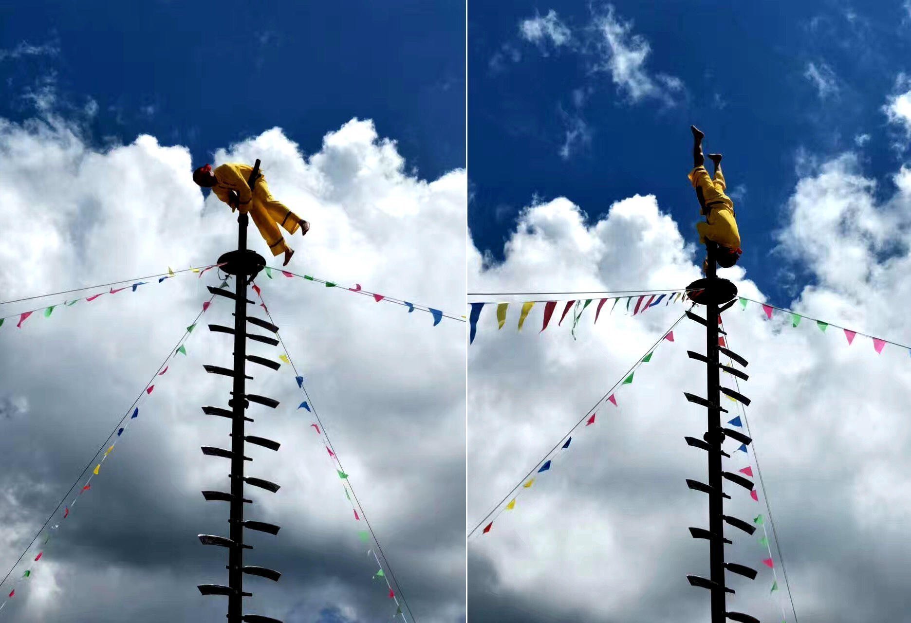 20多把锋利钢刀打造“刀树” 表演者赤脚爬上顶