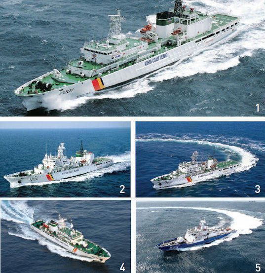 韩国5000至200吨级的各型海警船。据称，韩国海警将加大出动频率和海上执法力度，尤其是在面对所谓“越界捕捞”的中国渔船。