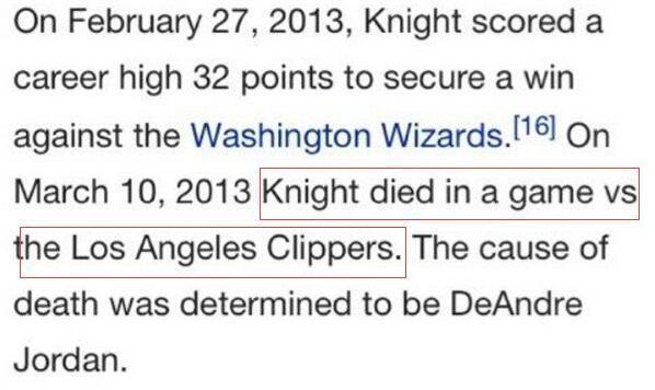在这记“死亡之扣”后，维基百科关于奈特的词条惨遭恶搞，奈特被戏称为“遭谋杀身亡”——“2013年3月10日（美国当地时间），奈特在与洛杉矶快船的比赛中死亡。德安德烈-乔丹是凶手。奈特死在半空中，小乔丹被指控一级谋杀。