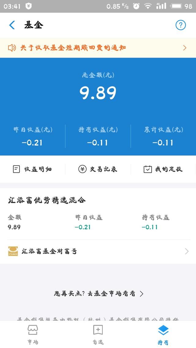 股市昨天又下跌 支付宝买的十元基金前段时间