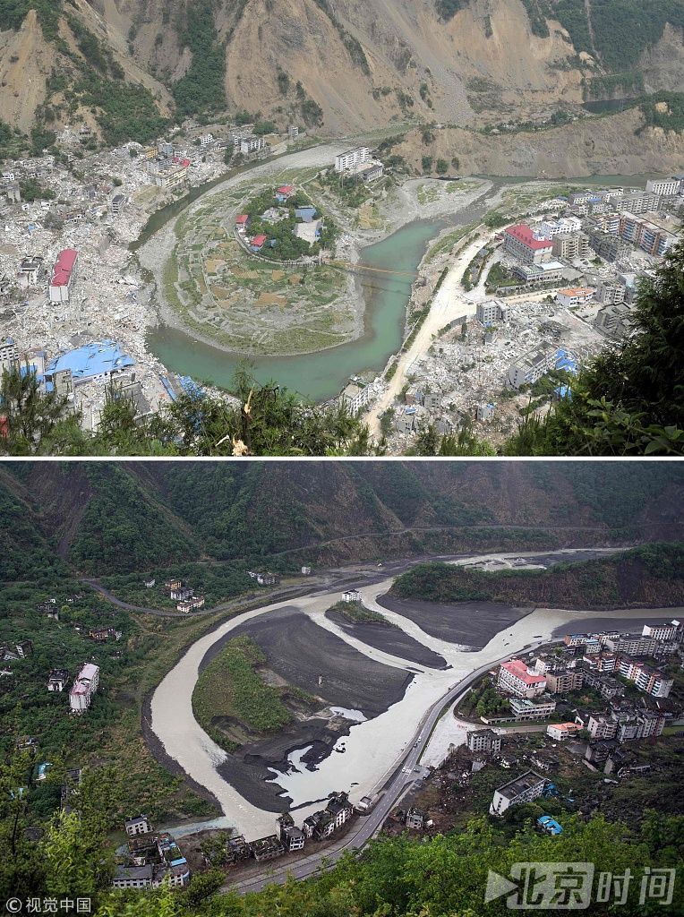 汶川地震十年后的灾区：上图为2008年5月27日，汶川地震后的北川县。下图为2018年4月24日，重建后的北川县。