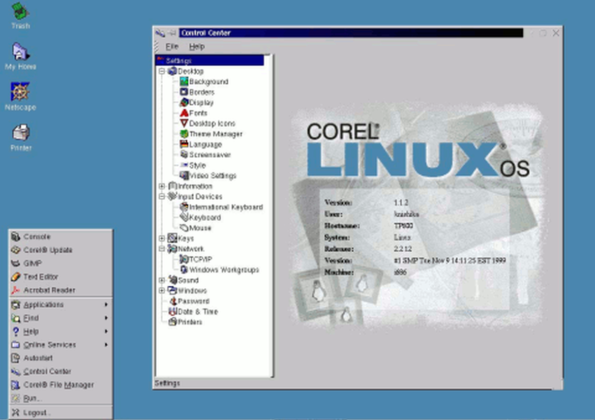 Corel Linux桌面
1999年，Corel发布了首个版本的主流Linux桌面。尽管其未能取得巨大成功，但却为其他流行Linux桌面的诞生铺平了道路，比如Ubuntu。