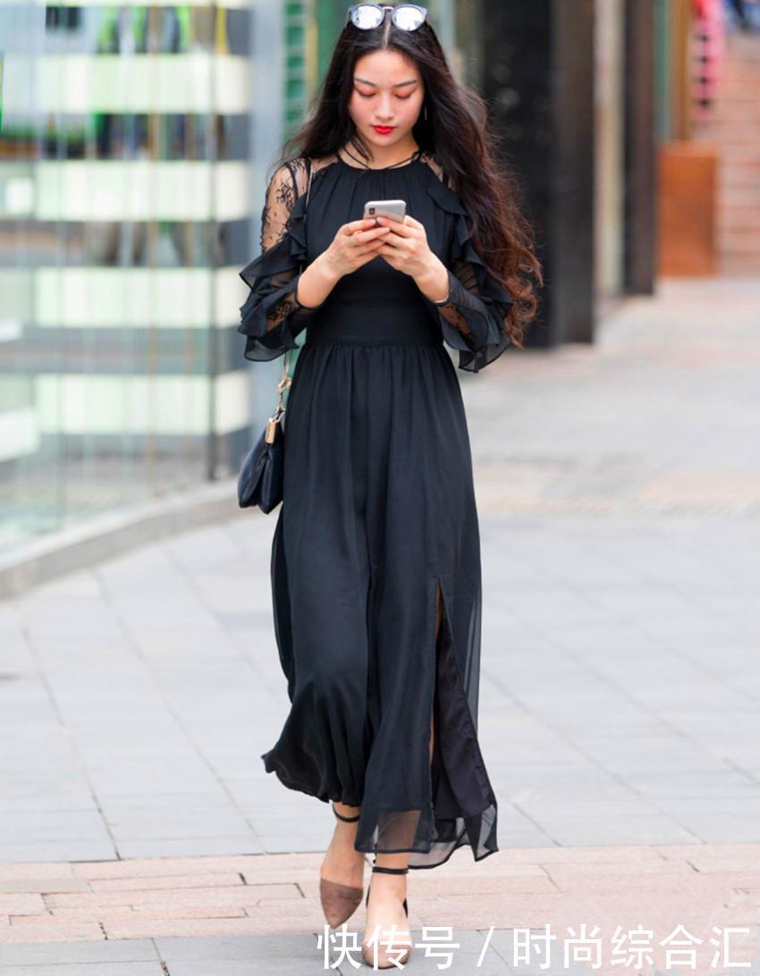 美女街拍:图1长相甜美,包臀裙配丝袜,图2长发美