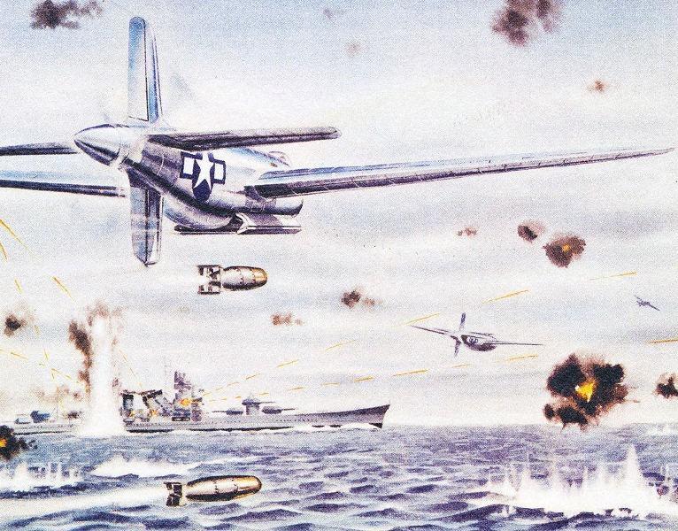 一张XB-42轰炸机用鱼雷攻击日本军舰的画作。该型轰炸机整个项目的费用为1370万美元，同现在研制一款轰炸机动辄上十亿相比，这点钱简直是毛毛雨啦。