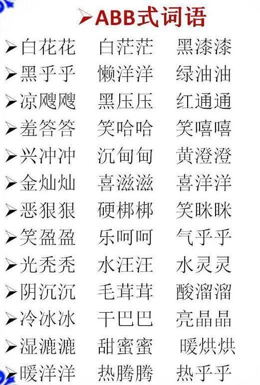 词语分类:ABB+AABB+ABCC式!替孩子打印贴