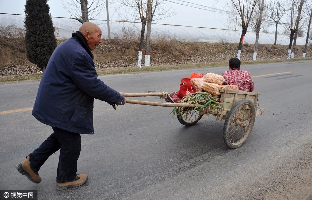 山西运城：七旬老汉推车带老伴赶年集