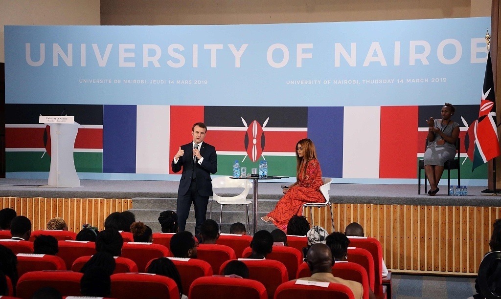 当地时间3月14日，肯尼亚内罗毕，法国总统马克龙对肯尼亚国事访问的第二天，访问内罗毕大学并发表演讲。