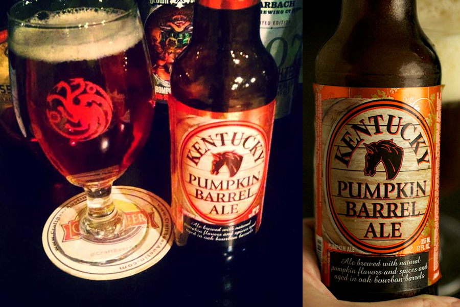 3.肯德基南瓜爱尔啤酒(Kentucky Pumpkin Barrel Ale)吃过南瓜饼，见过南瓜灯，喝过南瓜啤酒的人还是少数吧。爱尔啤酒(Ale)的口感通常比较浓烈，像这款南瓜甜味就特别厚重。如果你喜欢吃南瓜、喝南瓜汤，不妨可以试一试。不过它的酒精浓度有10度之高，女生们自己斟酌一下。