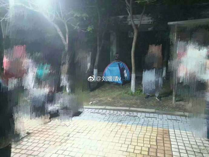 有学生在户外搭建帐篷。