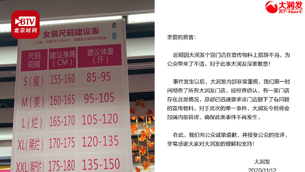 大润发就女装尺码建议表涉嫌侮辱女性致歉：撤下物料 加强管理