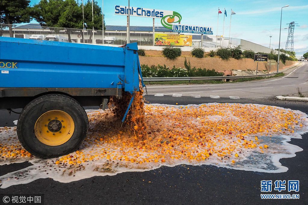 法国农民嫌税太高 开卡车倾倒水果
