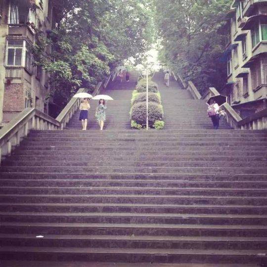 川外：彩云梯。该石梯连接川外山下与山上校区，有200级台阶，因为在底端根本无法看到石梯的顶端，被川外学子戏称为“彩云梯”。