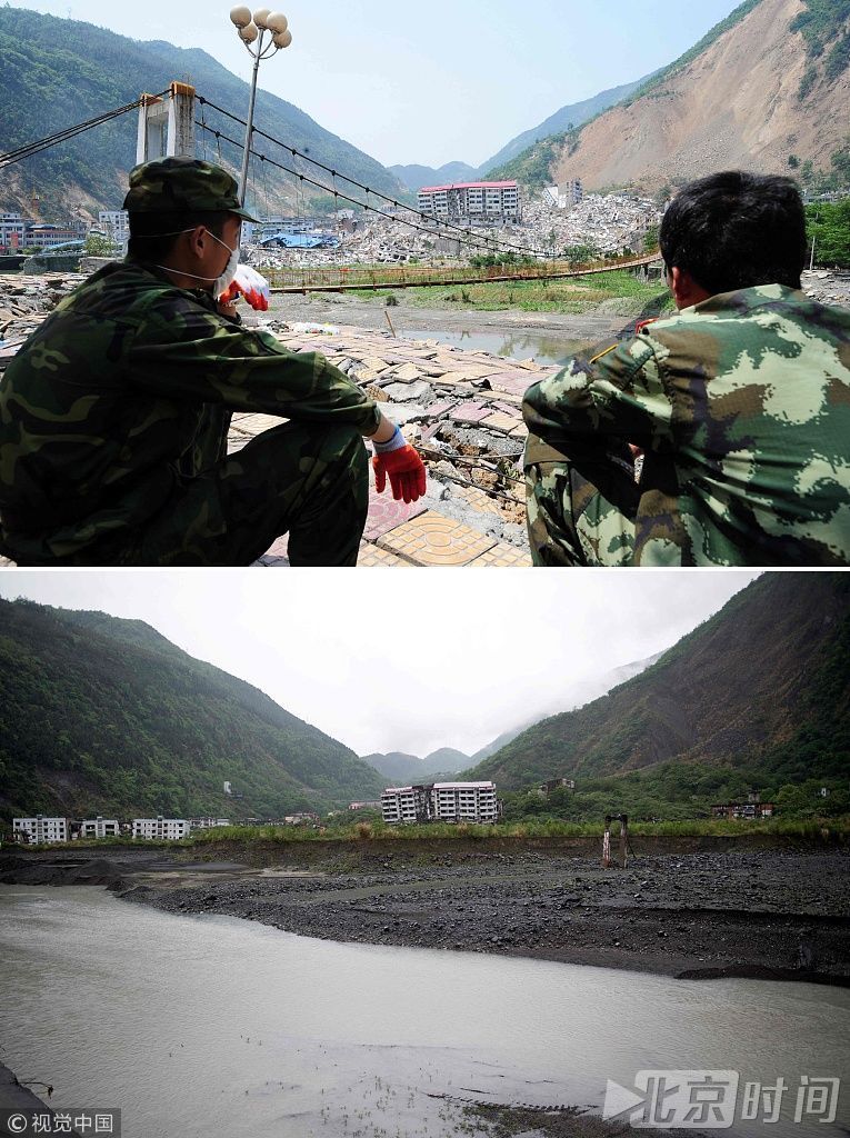 汶川地震十年后的灾区:上图为2008年5月19日,汶川地震后,救援人员在河边休息。下图为2018年4月24日,重建后的北川县。