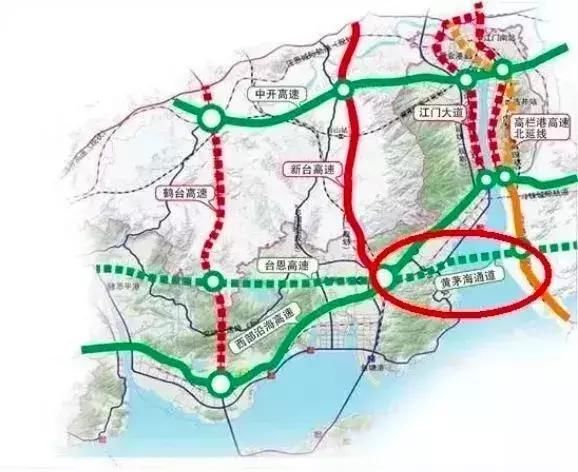 黄茅海大桥与既有的西部沿海,沈海高速和规划建设的斗恩高速,开春高速