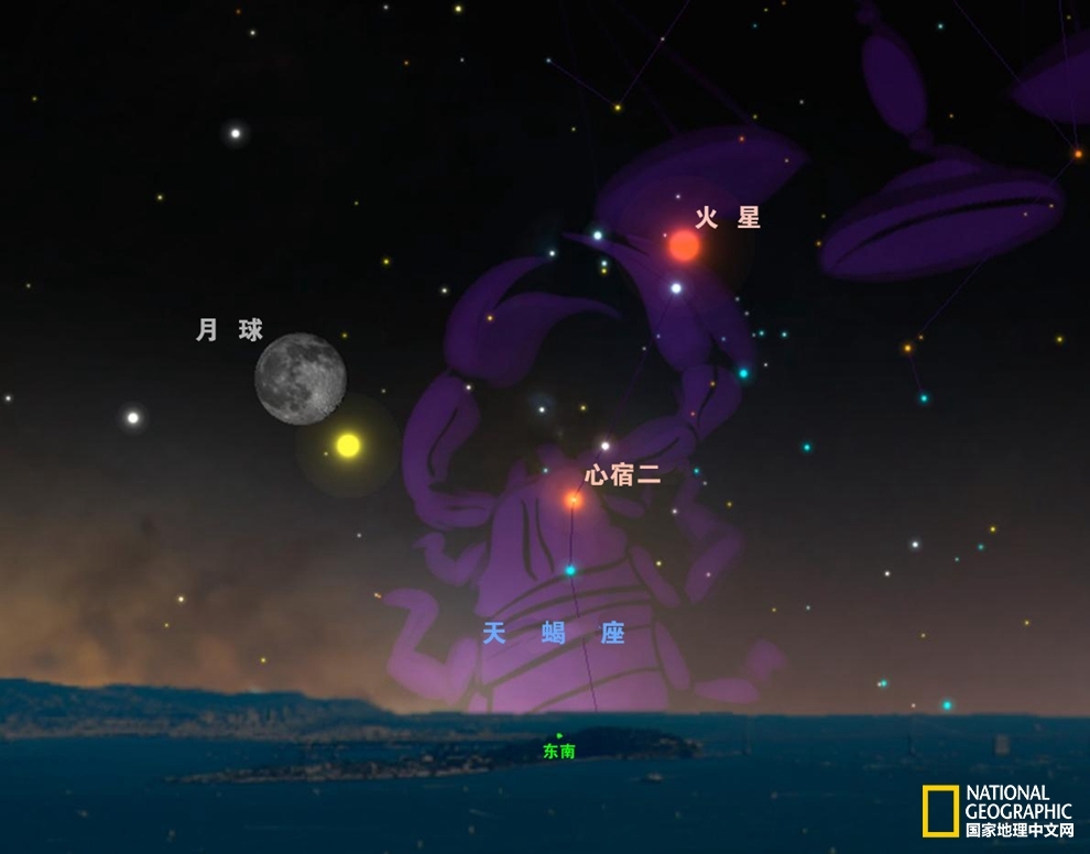 5月21日,土星将会靠近满月,同时红色星球火星和心宿二也会出现在附近.