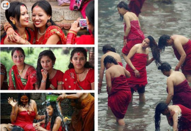 尼泊尔女人露天沐浴 是风骚还是风俗?

　　尼泊尔人常年露天洗澡有其自然原因。尼泊尔属亚热带地区，气候受南亚热带季风影响很大。中部山区与河谷气候温和，南部平原则常年炎热，最高气温可达45摄氏度，洗澡降温成为必然。