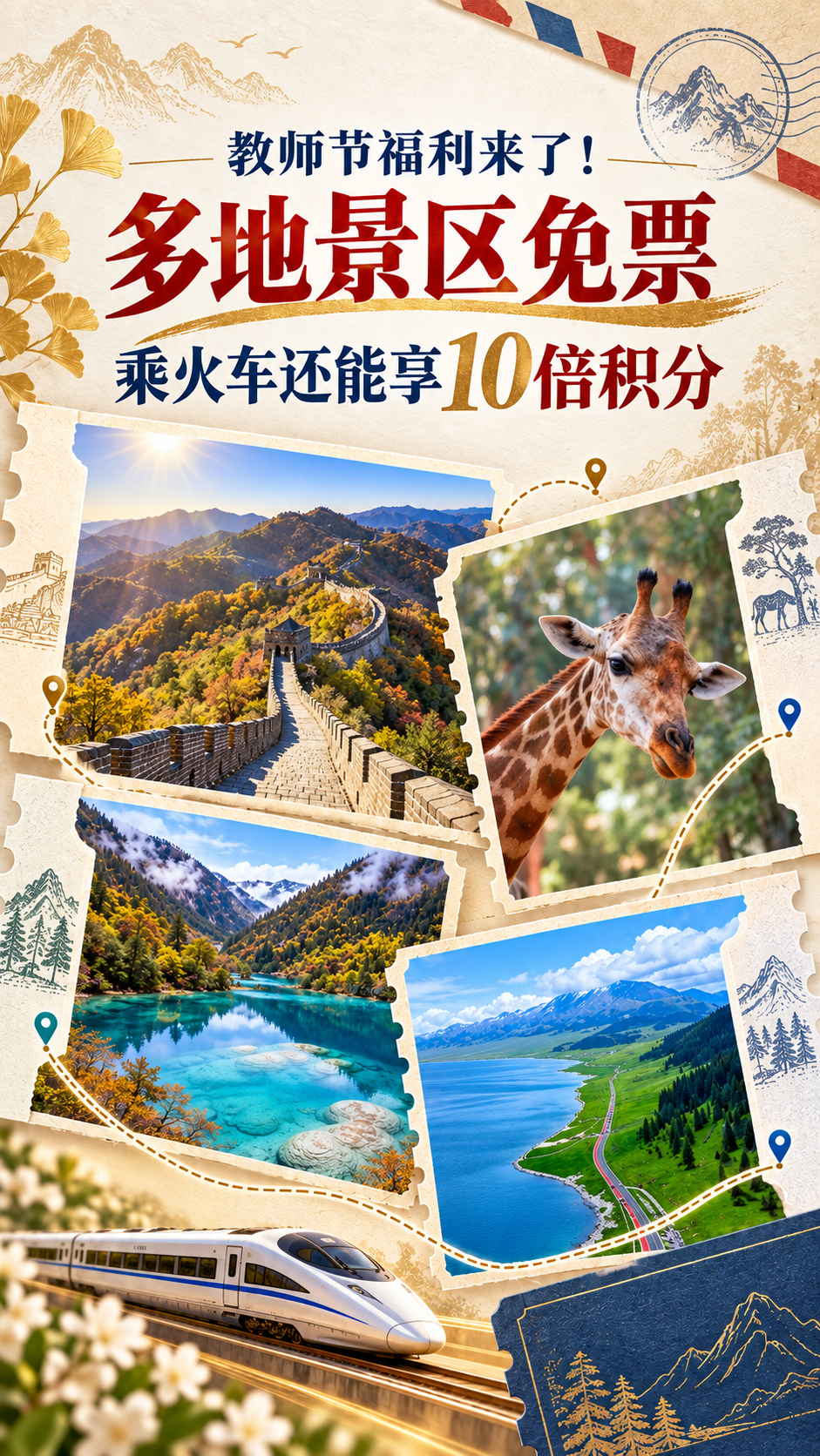 教师节出游福利来了!多景区免票,乘火车享10倍积分