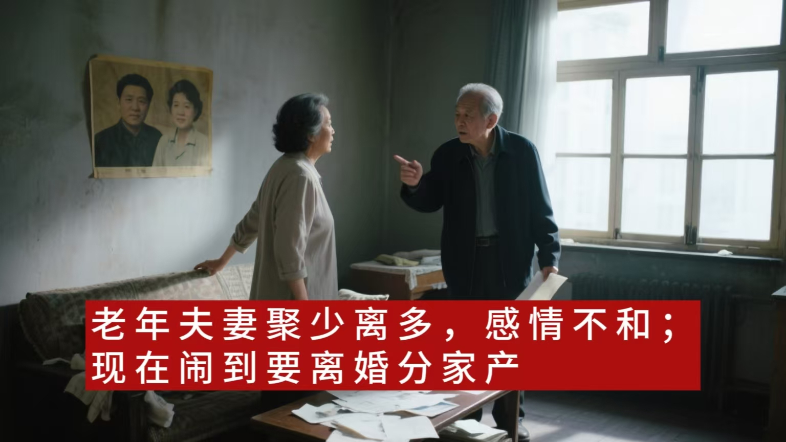老年夫妻聚少离多，感情不和；现在闹到要离婚分家产