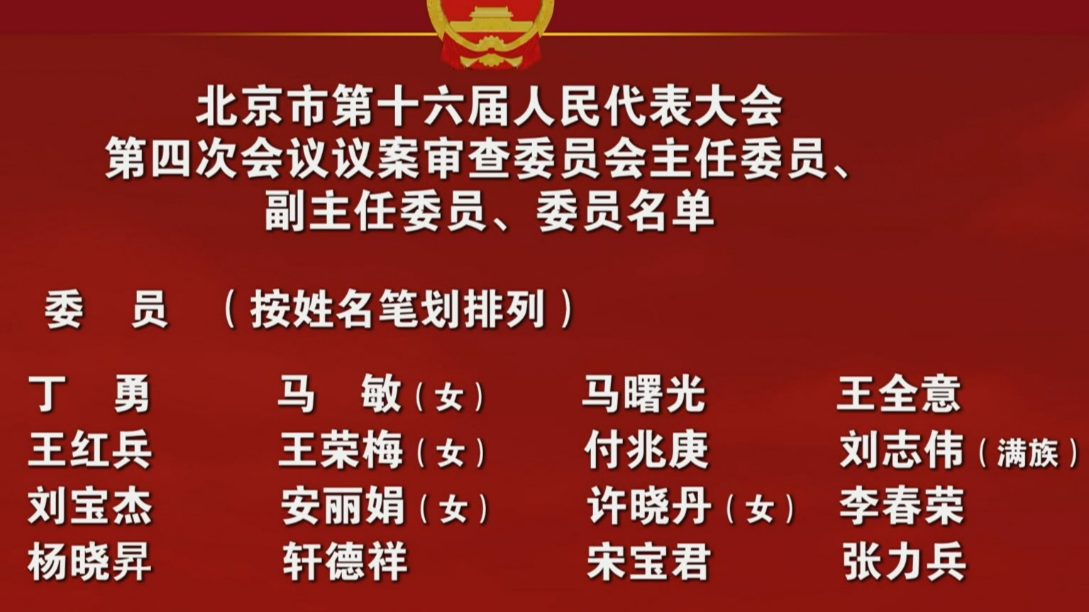 北京市第十六届人民代表大会第四次会议议案审查委员会主任委员、副主任委员、委员名单