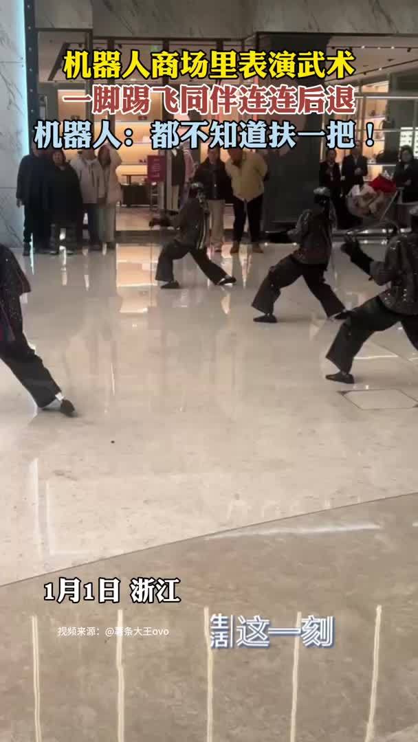 机器人表演武术被同伴踢飞连连后退