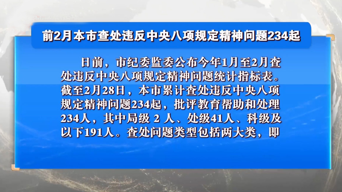 前2月本市查处违反中央八项规定精神问题234起